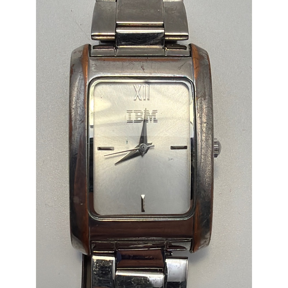Vintage IBM Corporate Logo Watch Silver Tone Rectangular Sunray Dial Untested